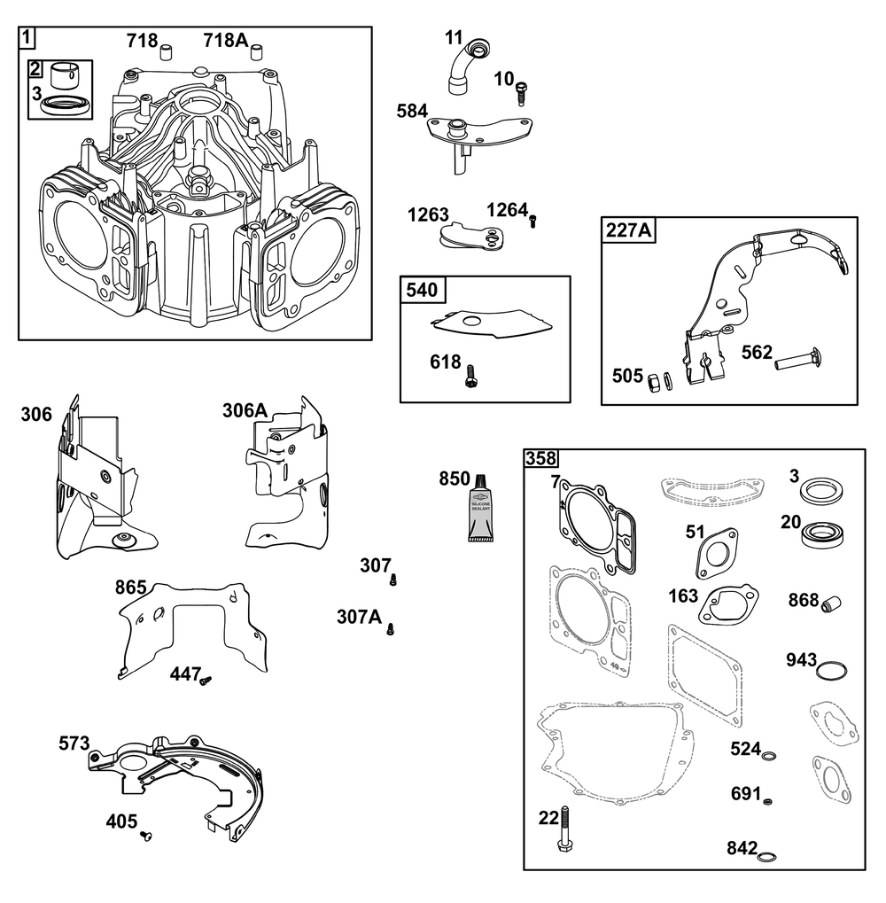 Cylinder Group Diagram and Parts List for 44N877-0020-G1 400000 - 699999 Briggs and Stratton Engine